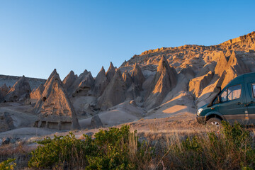 4x4 camper with the famous chimneys of the Cappadocia region in Turkey. Ihlara Valley in Turkey