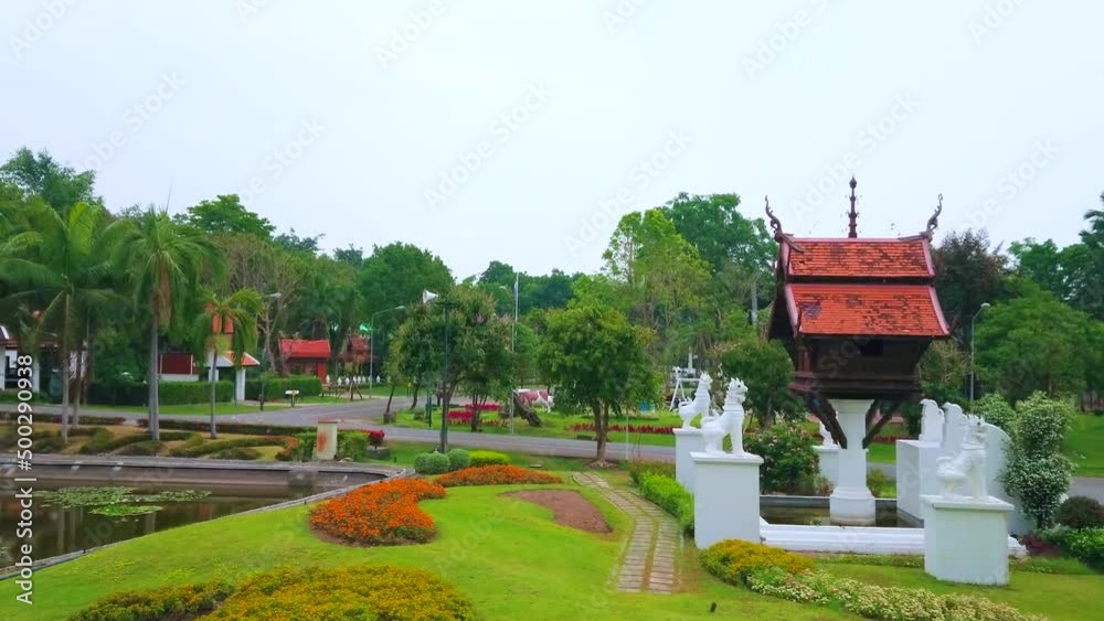 Canvas Prints Panorama of Royal Rajapruek Park with golden tree sculpture, pavilions and colorful flower beds, in Chiang Mai, Thailand