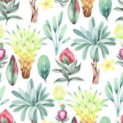 watercolor seamless pattern. floral background tropical blooming flowers and leaves with Australian animals and birds. Plants, animals and flowers of Australia. for fabric, textile, packaging, childre