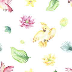 watercolor seamless pattern. floral background tropical blooming flowers and leaves with Australian animals and birds. Plants, animals and flowers of Australia. for fabric, textile, packaging, childre