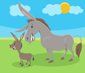 funny cartoon donkey farm animal character with foal