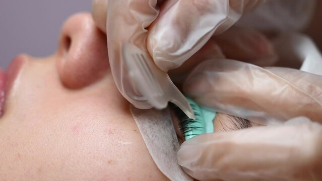 The master combs the eyelashes of a woman with a fish applicator. 