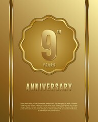 9th anniversary logotype. Anniversary celebration template design with golden ring for booklet, leaflet, magazine, brochure poster, banner, web, invitation or greeting card.