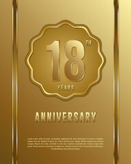 18th anniversary logotype. Anniversary celebration template design with golden ring for booklet, leaflet, magazine, brochure poster, banner, web, invitation or greeting card.
