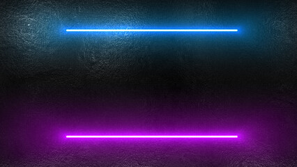 Two bright flashing neon lines of blue and purple on the old concrete wall - 500293530