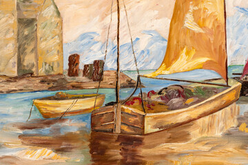 Fragment of oil painting with thick paint brush strokes depicting fisherman boats and shacks in a harbor. Impressionism art.