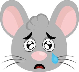 Vector illustration of a cartoon mouse face with a sad expression, crying with a tear in his eye