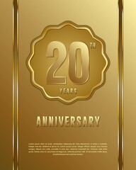 20th anniversary logotype. Anniversary celebration template design with golden ring for booklet, leaflet, magazine, brochure poster, banner, web, invitation or greeting card.