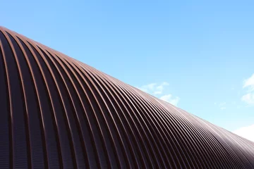The roof of the hangar is made of stainless steel. Arched roof made of metal construction. An industrial building in detail against a blue sky background. © Elena