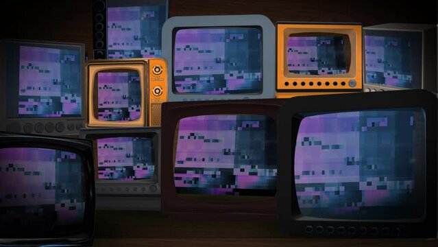 3d Loop Animation of televisions with no signal and blank green screen monitor, move in and out shot, Abstract realistic mock up of cartoon vintage TV monitors. Old Television Set turning on Noise.