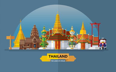 Naklejka premium Thailand travel concept The Most Beautiful Places To Visit In Thailand in flat style in flat design color.