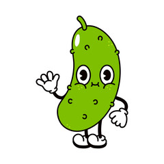 Cute funny cucumber waving hand character. Vector hand drawn traditional cartoon vintage, retro, kawaii character illustration icon. Isolated on white background. Cucumber character concept