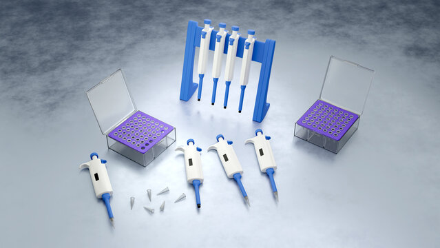 Material de laboratorio cl&iacute;nico. Reactivos y herramientas para estudios cl&iacute;nicos. Render 3d de herramientas y reactivos.