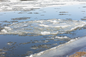ice floes float on the river. Spring painting of the ice floe alloy.