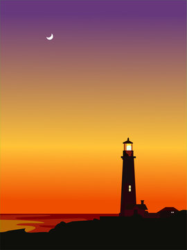 Lighthouse glowing in the evening against the backdrop of a seascape with sunset.