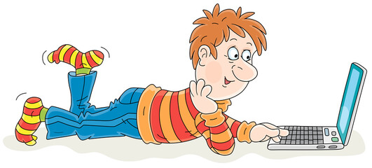 Funny boy lying on floor, dangling by legs and browsing pages of sites in the Internet, vector cartoon illustration on a white background