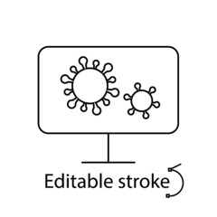 Computer problems outline icon. Virus protection. Antivirus program. Monoblock damage. Isolated vector illustration