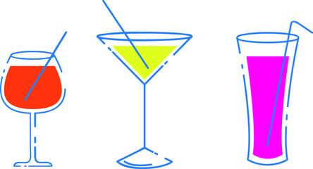 Set of cocktails. An illustration of classical drinks in different types of glasses. Vector illustration of summer cocktails. Banner with soft and alcohol drinks.
