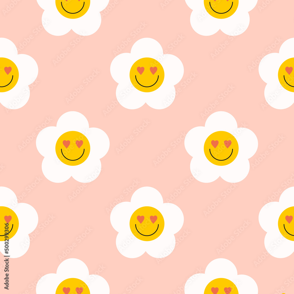 Aufkleber retro groovy seamless pattern with smiling flowers on a peach background. cute colorful trendy vecto