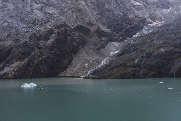 Ice chunks in the water and glacier in background at Glacier Bay, Alaska, USA

