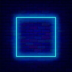 Square blue neon frame on brick wall. Minimal border. Space for text. Shiny sign. Editable stroke. Vector illustration © Anastasia Gapeeva