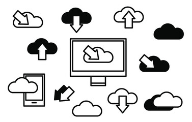 Set of black and white cloud icons. Cloud with an arrow. Smartphone. A computer. Icon for the application. Vector.