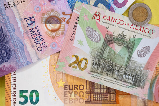 Euros and mexican pesos background, Europe Mexico foreign exchange