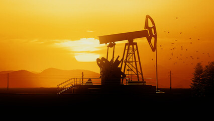 3D render silhouette of an oil rig station that pumps oil from a well at sunset