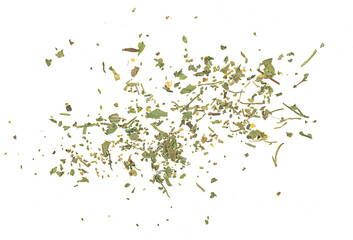 Dried chopped leaves of celery spice isolated on a white background, top view.