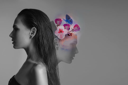 Profile of a female head with flowers and a butterfly. Mental Health Day. 10 October. World Awareness Day. Pink flowers in a girl's head, a symbol of inspiration, calmness, favorable mental behavior.