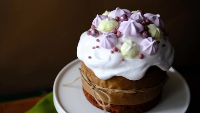 Easter baking. Kulich. Cake with raisins, candied oranges and dried cranberries. Dessert for Easter.