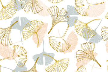 Seamless Pattern with Pastel and Golden Ginkgo Leaves on white background. Sketch vector illustration
