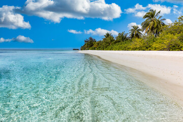 Paradise island beach. Tropical landscape of summer scenic, sea sand sky with palm trees. Luxury...