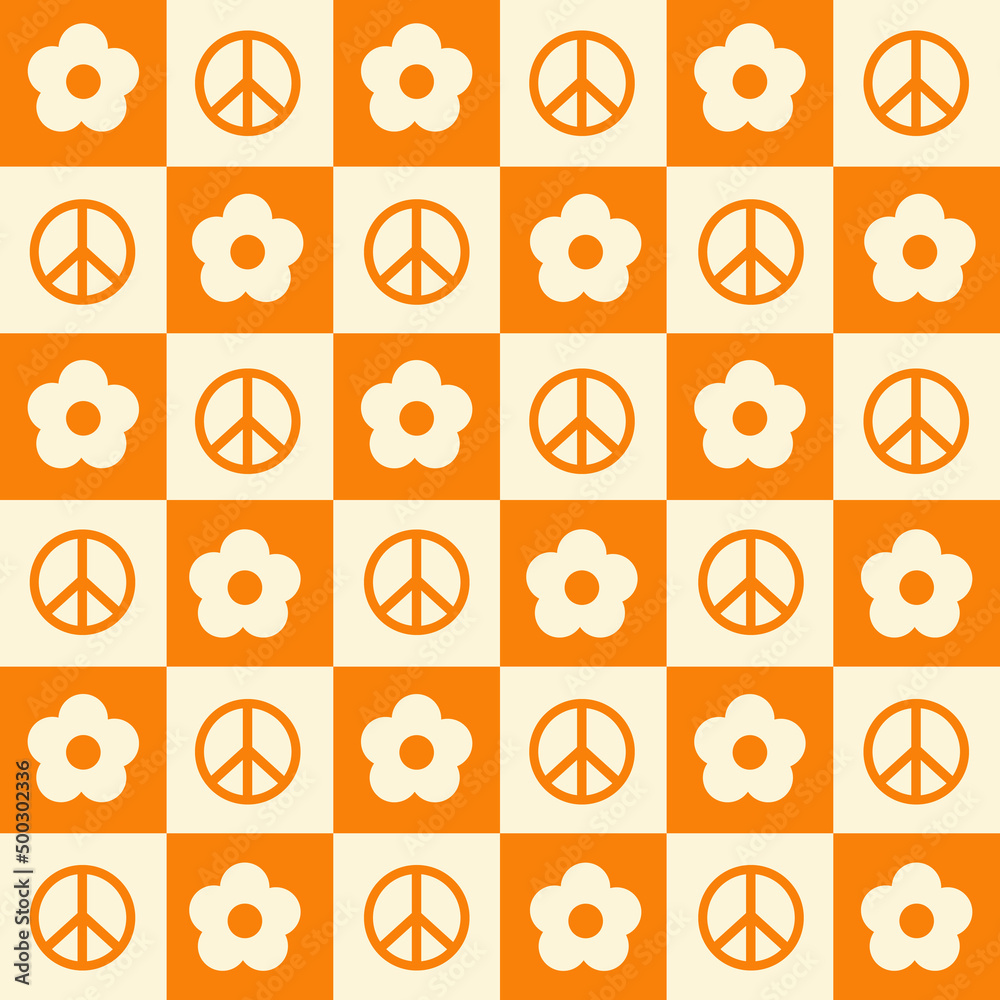 Poster checkerboard seamless pattern with geometric shaped flowers and peace symbols. trendy vector backgro