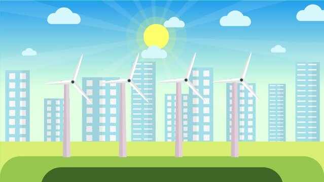 Natural power production concept with windmills on an urban area 4K animation. Windmills spinning on a green field and cityscape background. Producing electricity from the air on sunny day footage.