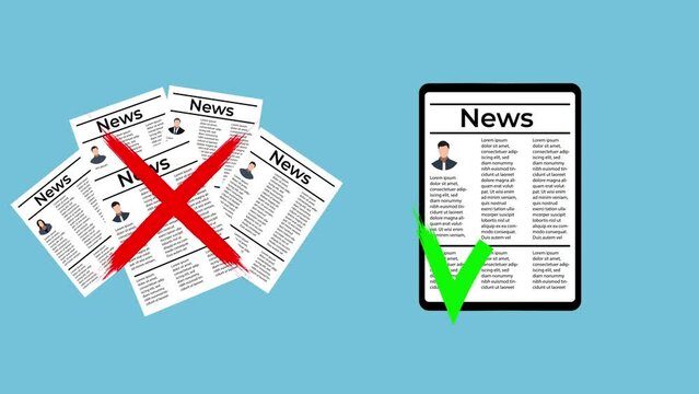 Using online newspapers instead of regular paper 4K animation. Canceling newspapers and using online news with a hand-drawn brush effect footage. Choosing online news inside a tab 4K animation.