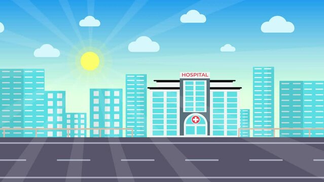 Ambulance coming to the hospital on an urban area 4K animation. An ambulance stopped in front of the hospital footage. Medical concept with a hospital building and an ambulance flat animation.
