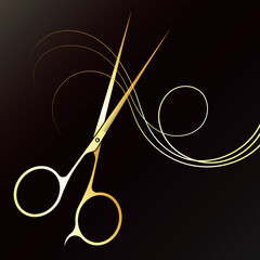 Golden scissors and curls of hair. Beauty salon and hair salon. Scissors cut hair - obrazy, fototapety, plakaty