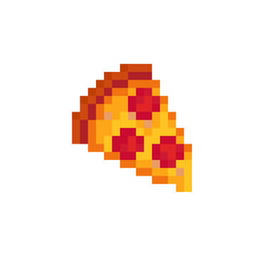 Pizza Slice of pizza pixel art icon. Design for stickers, pizzeria logo, mobile app. Game assets 80s 8-bit sprite. Pepperoni piece pizza isolated vector illustration.