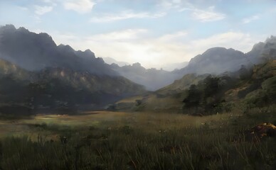 Naklejka premium a view of a mountain range with a grassy field in the foreground