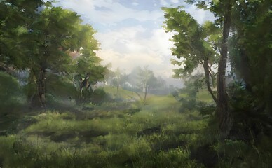 Obraz na płótnie Canvas the painting of a lush green forest