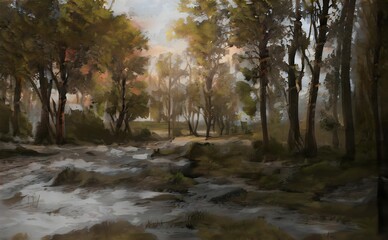 a painting of a wooded area is shown