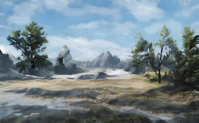 a painting of a mountain landscape with trees