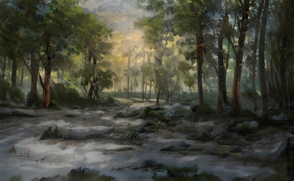 an artistic painting showing a forest