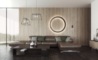 Wnętrze pokoju dziennego z brązową sofą przed drewnianą ścianą i okrągłą lampą ozdobną.
