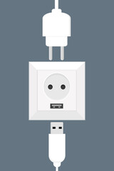 white electric socket in the wall european with usb interface