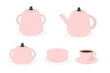 kitchen utensils teapot sugar bowl saucer and cup pink colour