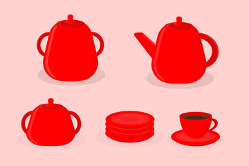 kitchen utensils teapot sugar bowl saucer and cup red colour