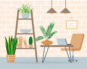 Cozy office space interior with work place, computer, homeplants and furniture. Modern house or apartment in trendy Scandinavian hygge style. Flat or cartoon vector illustration.