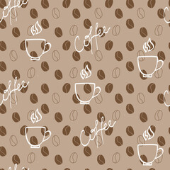 Seamless coffee pattern with abstract white coffee cup on the background with beans